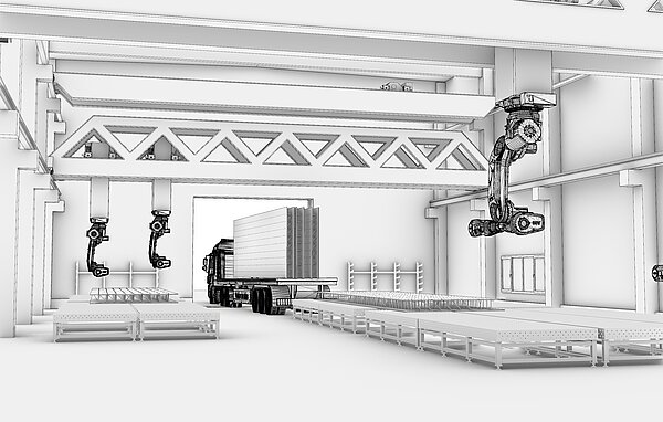 Holzbauforschungszentrum Eine schwatz-weiß-Grafik zeigt eine Halle mit Kranbahn, Industrieroboter und Laufband.