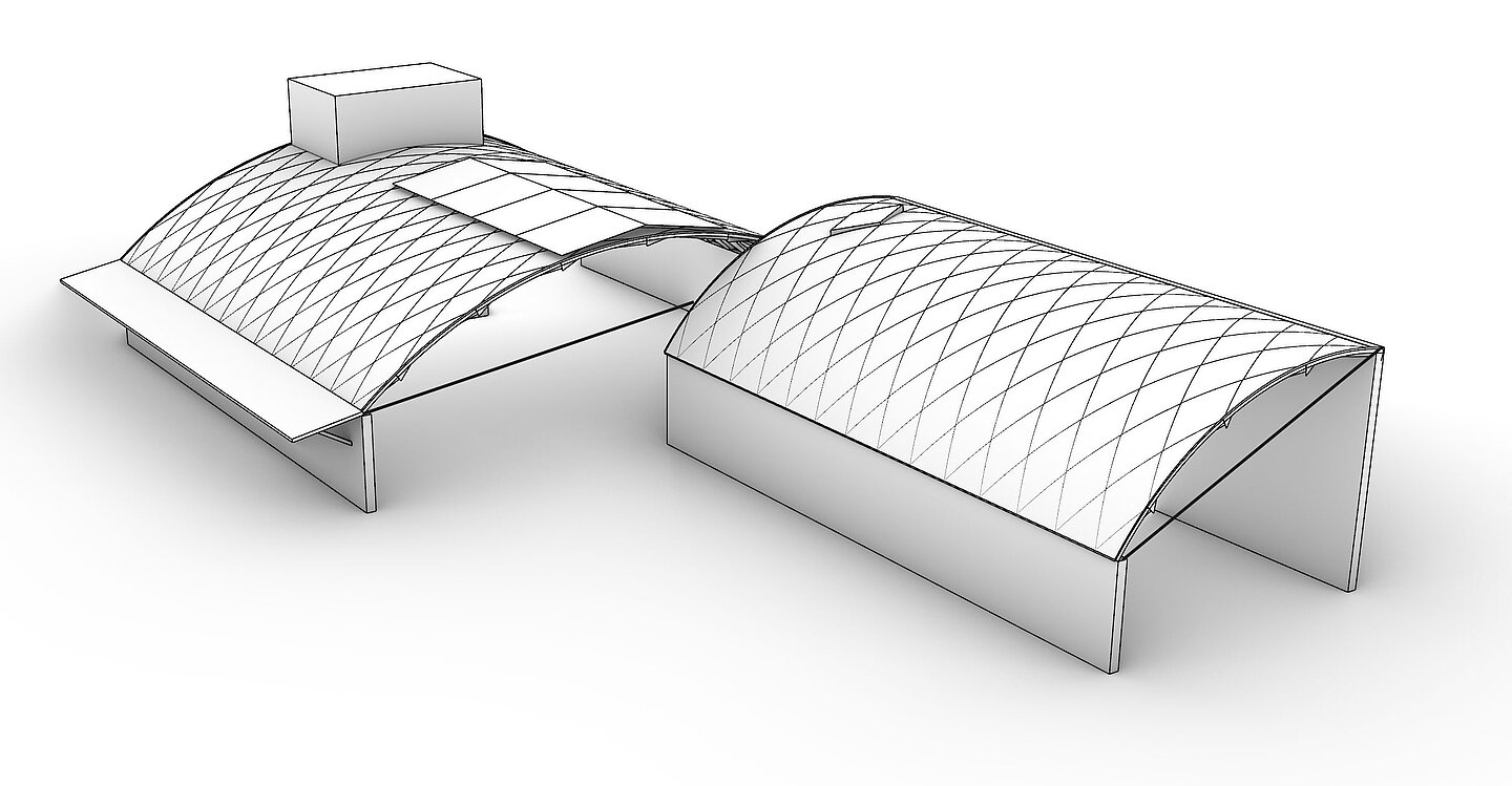 ReflexRoof Modellhafte Ansicht eines Hallendachs