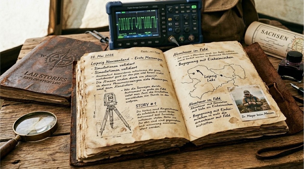 a archeologist-like working place with a sketch book in front of an oscilloscope