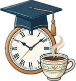 clock with academic hat and coffee, symbol for presentation schedule