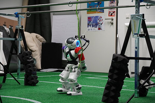 Roboter am Trainingsapparat. Roboter auf grünem Teppich