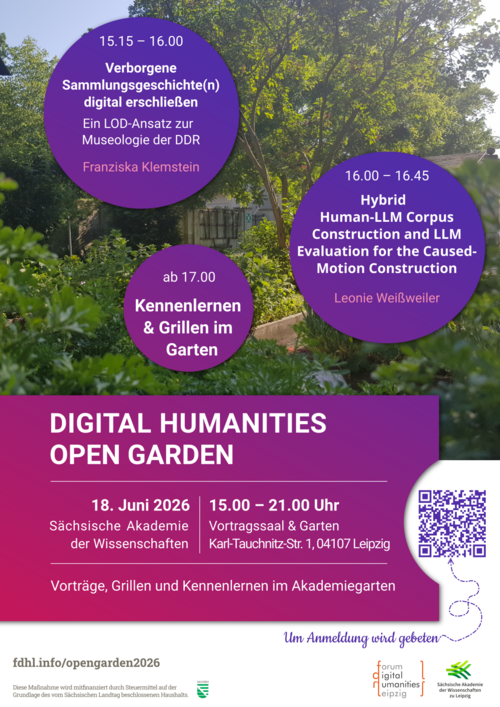 Einladung Digital Humanities Open Garden 2026 (Grafik: Sächsische Akademie der Wissenschaften zu Leipzig) Einladendes Plakat der Veranstaltung mit der Abbildung eines Gartens