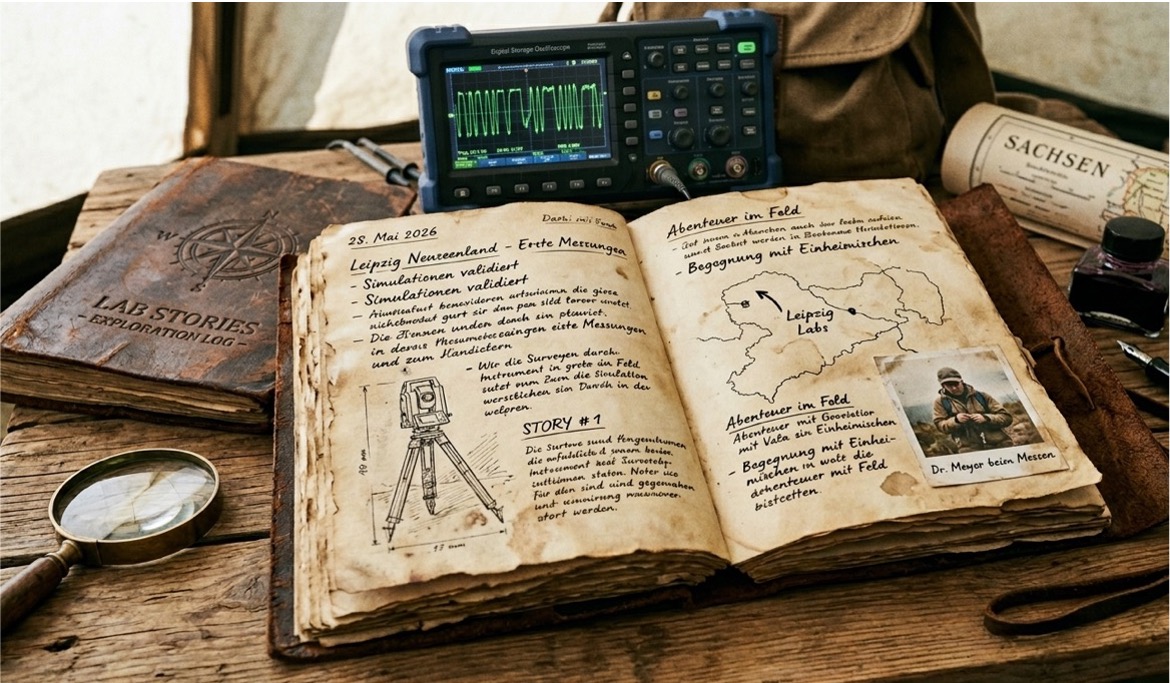 a archeologist-like working place with a sketch book in front of an oscilloscope